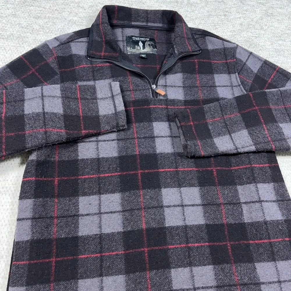 John‎ Wayne Sweater Men Large Black Gray Plaid Pullover Quarter Zip Sweatshirt